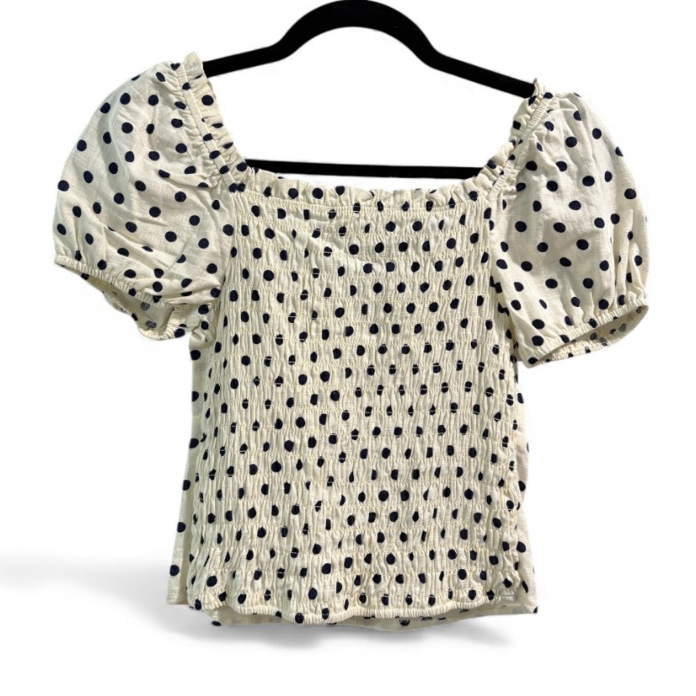 Monteau Polka Dot Puff Sleeve Blouse Cream Navy Smocked Back Small - Picture 2 of 4